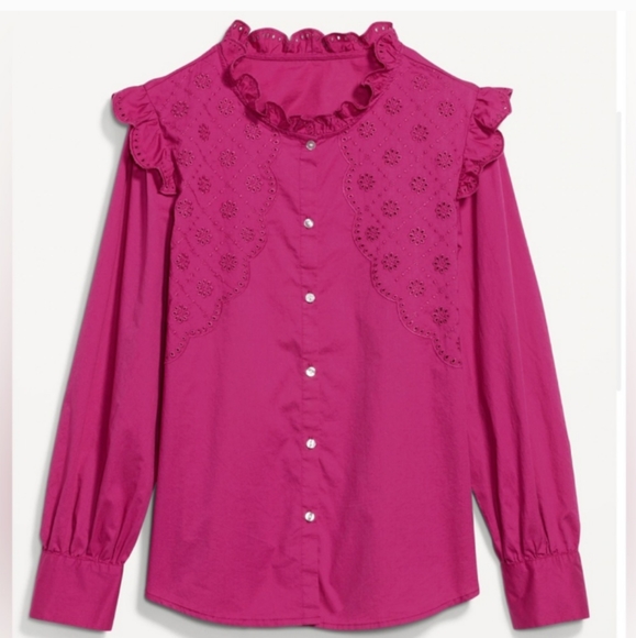 🆕Old Navy | Pink Eyelet Ruffle-Trimmed Button-Down Shirt Size Large - Picture 6 of 9